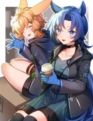 Rule 34 | 2girls, :d, ahoge, animal ears, arknights, black choker, black jacket, black legwear, blonde hair, blue dress, blue eyes, blue gloves, blue hair, blush, border, bow, box, breasts, cardboard box, choker, collarbone, cup, disposable cup, dress, fang (arknights), geta (epicure no12), gloves, green bow, hair bow, hair ornament, hairclip, highres, holding, holding cup, horse ears, id card, jacket, kroos (arknights), long hair, long sleeves, looking at viewer, medium breasts, motion lines, multiple girls, on box, open clothes, open jacket, open mouth, outside border, rabbit ears, short hair, sitting, smile, thigh strap, thighhighs, very long hair, waving, white border, yokozuwari, zettai ryouiki