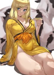 Rule 34 | 1girl, ashiomi masato, bare shoulders, blonde hair, blue eyes, blush, breasts, cleavage, collarbone, cow, cup, guilty gear, guilty gear strive, highres, japanese clothes, kimono, large breasts, long hair, long sleeves, looking at viewer, millia rage, sakazuki, sash, sitting, smile, solo, swept bangs, thighs, wide sleeves, yellow kimono