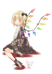 Rule 34 | 1girl, black bow, blonde hair, blush, boots, bow, brown dress, brown footwear, commentary request, crystal, dress, flandre scarlet, floral print, from behind, full body, grey socks, hair between eyes, hair bow, high heel boots, high heels, highres, long hair, long sleeves, looking at viewer, looking back, no headwear, one side up, petticoat, red eyes, shadow, shirt, signature, simple background, sitting, socks, solo, touhou, toutenkou, white background, white shirt, wings