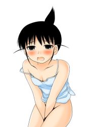 Rule 34 | 00s, 1girl, blush, camisole, covering crotch, covering privates, genshiken, lingerie, no panties, ogiue chika, simple background, solo, thighs, topknot, underwear, white background