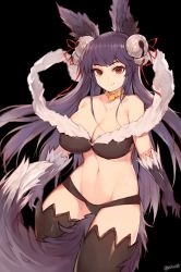 Rule 34 | 10s, 1girl, animal ears, arms at sides, bare shoulders, bell, between legs, black background, breasts, choker, cleavage, collarbone, erune, eyebrows, fox ears, fur trim, granblue fantasy, groin, hair ornament, hair ribbon, highres, jewelry, large breasts, long hair, looking at viewer, mukka, navel, purple hair, red eyes, ribbon, simple background, smile, solo, stomach, tail, tail between legs, thighhighs, twitter username, yuel (granblue fantasy)