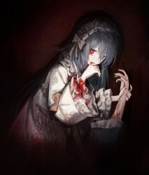 Rule 34 | 1girl, 1other, bianca (black survival), black survival, blood, blood on clothes, blood on face, blue hair, bow, commentary, dress, eternal return: black survival, grey bow, highres, korean commentary, long hair, looking at viewer, mia (39565899), red eyes, solo focus, white dress, white headdress