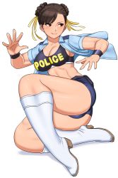 Rule 34 | 1girl, adapted costume, black sports bra, blue shorts, blush, boots, breasts, brown hair, capcom, chun-li, cleavage, clothes writing, double bun, english text, epaulettes, fat mons, fighting stance, full body, hair ribbon, high heel boots, high heels, highres, knee boots, large breasts, midriff, official alternate costume, on ground, open clothes, open shirt, police, police uniform, policewoman, red eyes, ribbon, shigenobu, short hair, short shorts, short sleeves, shorts, smile, solo, sports bra, street fighter, street fighter v, thick thighs, thighs, toned, uniform, white footwear, wristband