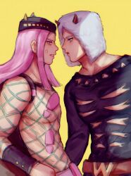 Rule 34 | 2boys, absurdres, anger vein, fake horns, fishnet top, fishnets, fur hat, hat, highres, horned hat, horns, jojo no kimyou na bouken, long hair, looking at another, male focus, multiple boys, narciso anasui, stone ocean, weather report, yanglao paopaoren