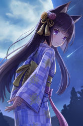 Rule 34 | 1girl, absurdres, animal ears, arms behind back, black hair, blue flower, blush, cat ears, closed mouth, commentary request, falling star, flower, from side, full moon, hair flower, hair ornament, highres, iroha (iroha matsurika), japanese clothes, kimono, long hair, long sleeves, looking at viewer, looking to the side, moon, mutsuki (iroha (iroha matsurika)), night, night sky, obi, original, outdoors, pink flower, print kimono, purple eyes, sash, sky, solo, star (sky), starry sky, very long hair, wide sleeves, yagasuri, yellow flower, yukata