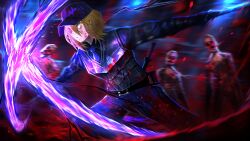 Rule 34 | 1girl, 3others, baseball cap, belt, belt pouch, blonde hair, blood, blood on clothes, blood on face, blue necktie, bob cut, dagger, don quixote (project moon), guro, hat, highres, holding, holding dagger, holding knife, holding weapon, knife, limbus company, multiple others, nai ga, necktie, pouch, project moon, solo focus, weapon, yellow eyes