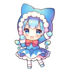 Rule 34 | 1girl, adapted costume, arm up, blue bow, blue coat, blue eyes, blue footwear, blue gloves, blue hair, blue skirt, blush, boots, bow, bowtie, chibi, cirno, coa (chroo x), coat, full body, gloves, hair bow, hands up, hood, ice, ice wings, long sleeves, looking at viewer, open mouth, pantyhose, red bow, red bowtie, short hair, simple background, skirt, smile, solo, standing, touhou, white background, white pantyhose, wings