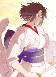 Rule 34 | 1girl, absurdres, brown eyes, brown hair, closed mouth, floral print, from side, highres, holding, holding sword, holding weapon, japanese clothes, kara no kyoukai, katana, kimono, long sleeves, obi, on (isk1812), ryougi shiki, sash, short hair, solo, standing, sword, upper body, weapon, white kimono, wide sleeves