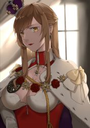 Rule 34 | 1girl, blonde hair, bow, breasts, cape, cleavage, closed mouth, corset, cross, crown, day, drop earrings, earrings, fur cape, high collar, highres, indoors, jewelry, king george v (warship girls r), large breasts, lingsong, lips, lipstick, long hair, looking at viewer, makeup, medal, mini crown, sidelocks, solo, sunlight, upper body, warship girls r, wax seal, white bow, window, yellow bow, yellow eyes