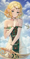Rule 34 | 1girl, arm strap, arrow (projectile), artist name, bare shoulders, blonde hair, blue sky, bow (weapon), bracelet, braid, cloud, crown braid, doiparuni, dress, drop earrings, earrings, green eyes, hand up, highres, holding, holding arrow, holding bow (weapon), holding weapon, jewelry, looking at viewer, nintendo, pointy ears, princess zelda, short hair, sky, smile, solo, strapless, strapless dress, teardrop facial mark, the legend of zelda, the legend of zelda: tears of the kingdom, weapon, white dress