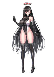 Rule 34 | 1girl, absurdres, alternate costume, bare shoulders, black gloves, black hair, blue archive, blush, breasts, cameltoe, cellphone, covered erect nipples, covered navel, elbow gloves, full body, gloves, groin, hair ornament, hairclip, halo, high heels, highleg, highleg leotard, highres, holding, holding phone, large breasts, leotard, long hair, looking at viewer, onceskylark, phone, red eyes, rio (blue archive), simple background, smartphone, solo, very long hair, white background