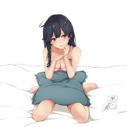 Rule 34 | 1girl, artist name, bare arms, bare legs, bare shoulders, barefoot, bed sheet, black hair, blush, bra, breasts, brown eyes, cleavage, full body, highres, kantai collection, long hair, medium breasts, parted lips, pillow, pink bra, rizzl, signature, simple background, sitting, solo, underwear, underwear only, ushio (kancolle), wariza, white background
