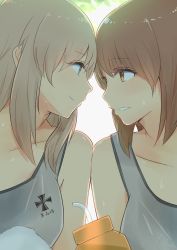 Rule 34 | 10s, 14sai bishoujo (shoutarou), 2girls, backlighting, bare shoulders, blue eyes, bottle, breasts, brown eyes, brown hair, commentary request, cross, eye contact, forehead-to-forehead, girls und panzer, gym uniform, heads together, highres, iron cross, itsumi erika, light brown hair, lips, long hair, looking at another, looking at viewer, medium breasts, multiple girls, nishizumi miho, parted lips, short hair, smile, sweat, tank top, upper body, yuri