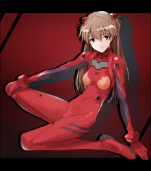 Rule 34 | 1girl, aka ume, arm support, blue eyes, blush, bodysuit, bracer, breasts, from side, gloves, gradient background, grey hair, hair between eyes, hair ornament, hand on own knee, latex, letterboxed, light smile, long hair, looking at viewer, neon genesis evangelion, outstretched arm, pilot suit, plugsuit, red background, red hair, shadow, sitting, skinny, small breasts, smile, solo, souryuu asuka langley, turtleneck, wariza