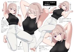 Rule 34 | 1girl, :d, :o, adjusting hair, arm up, armpits, arms up, barefoot, black sweater, blush, braid, breasts, character sheet, closed eyes, crown braid, kuro (toi et moi), light brown hair, looking at viewer, medium breasts, multiple views, open mouth, original, panties, pants, purple eyes, ribbed sweater, short hair, simple background, sleeveless, sleeveless sweater, smile, soles, sweater, sweater tucked in, turtleneck, turtleneck sweater, underwear, white background, white pants