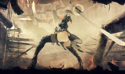 Rule 34 | 1girl, ass, back cutout, black panties, boots, clothing cutout, energy, facing away, feather trim, fire, floating, floating weapon, foreshortening, from behind, from below, full body, gloves, high heels, highres, katana, kawanakajima, nier (series), nier:automata, panties, short hair, shoulder blades, silver hair, skirt, solo, stance, sword, thigh boots, thighhighs, underwear, weapon, wind, 2b (nier:automata)
