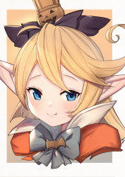 Rule 34 | 1girl, black bow, blonde hair, blue eyes, blush, bow, brown background, charlotta (granblue fantasy), closed mouth, commentary request, crown, fang, fang out, granblue fantasy, grey background, grey bow, hair bow, harvin, high collar, highres, jack-o&#039;-lantern, long hair, mini crown, pointy ears, portrait, smile, solo, two-tone background, uneg