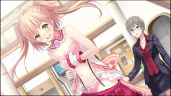Rule 34 | ayumi (omega quintet), fukahire (ruinon), highres, omega quintet, open mouth, otoha (omega quintet), short hair, skirt, twintails, two side up, underwear, yellow eyes