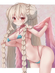 Rule 34 | 1girl, ahoge, arched back, azur lane, bare shoulders, bikini, blush, braid, braided bun, breasts, choker, cleavage, closed mouth, collarbone, double bun, feather boa, formidable (azur lane), formidable (the lady of the beach) (azur lane), grey background, grey hair, hair between eyes, hair bun, hand up, hands up, highres, holding, holding own hair, large breasts, long hair, looking at viewer, micro bikini, multi-strapped bikini bottom, multi-strapped bikini top, navel, official alternate costume, outside border, pink choker, red eyes, riito (shannon95), simple background, solo, string bikini, swimsuit, thighs, twin braids, underboob, very long hair, white background
