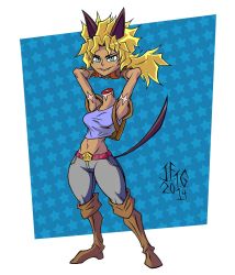 Rule 34 | 10s, 1girl, 2014, animal ears, aqua eyes, armpits, arms up, artist request, backpack, bag, belt, belt buckle, blonde hair, blue background, blue eyes, boots, breasts, buckle, cat ears, cat tail, cosplay, crop top, dated, dio brando, dio brando (cosplay), disembodied head, fingerless gloves, full body, fusion, gloves, highres, holding, holding head, jojo no kimyou na bouken, jonathan joestar, jonathan joestar (cosplay), knee boots, large breasts, long hair, looking at viewer, low ponytail, md5 mismatch, midriff, ms. fortune (skullgirls), navel, pants, parody, ponytail, scar, severed head, signature, skullgirls, slit pupils, smile, solo, spiked hair, standing, star (symbol), starry background, tail, tan, tank top, taut clothes, th3gadfly, thick thighs, thighs