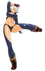 Rule 34 | 1girl, abs, angel (kof), hair over one eye, kicking, mexico, midriff, panties, short hair, snk, solo, the king of fighters, thong, underwear, white hair