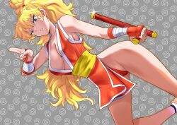 Rule 34 | 1girl, bare shoulders, blonde hair, breasts, brown eyes, cleavage, curvy, final fight, final fight 2, genryuusai maki, high ponytail, highres, large breasts, long hair, looking at viewer, ninja, panties, pelvic curtain, ponytail, revealing clothes, serious, shiny skin, street fighter, teeth, thong, tokucho3130599, underwear