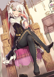Rule 34 | 1girl, argyle, argyle clothes, argyle legwear, black pantyhose, blush, chair, crossed legs, cup, dong jin meng mi, feet, gou (ga673899), green eyes, hair ornament, hair ribbon, haoni, legs, long hair, long sleeves, looking at viewer, no shoes, ojou-sama pose, open mouth, panties, panties under pantyhose, pantyhose, personification, ribbon, shoes, sitting, smile, solo, suiji, table, teacup, tiered tray, toes, two side up, underwear, unworn shoes, white hair