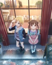 Rule 34 | 2girls, ankle boots, ayami (ayanoayanosuke), blonde hair, book, boots, brown hair, collarbone, cookie, double bun, food, hair bun, hand in pocket, hand on own forehead, highres, idolmaster, idolmaster shiny colors, jacket, jewelry, long hair, long sleeves, looking at viewer, looking away, looking up, multiple girls, necklace, open clothes, open jacket, open mouth, picture frame, plant, polka dot, polka dot shirt, potted plant, rain, red eyes, saijo juri, shelter, shirt, shoes, shop, short hair, short sleeves, shorts, skirt, sneakers, socks, sonoda chiyoko, standing, striped clothes, striped socks, suspender skirt, suspenders, sweatdrop, v arms, water drop, window