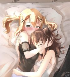 Rule 34 | 10s, 2girls, absurdres, artist request, bang dream!, between breasts, blush, breasts, couple, face between breasts, hair ornament, head between breasts, highres, hug, ichigaya arisa, large breasts, multiple girls, on bed, tagme, toyama kasumi, twintails, x hair ornament, yuri