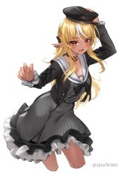 Rule 34 | 1girl, :d, absurdres, arm up, black choker, black hat, black jacket, blonde hair, blush, braid, breasts, choker, cleavage, collarbone, cropped jacket, cropped legs, dark-skinned female, dark skin, dress, elf, frilled dress, frills, grey dress, hand on headwear, hat, highres, hololive, jacket, looking at viewer, medium breasts, multicolored hair, open clothes, open jacket, open mouth, pointy ears, red eyes, sailor collar, saruchitan, shiranui flare, shiranui flare (street), sidelocks, simple background, smile, solo, streaked hair, striped clothes, striped dress, twitter username, two-tone hair, vertical-striped clothes, vertical-striped dress, virtual youtuber, white background, white hair, white sailor collar