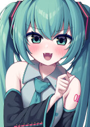 Rule 34 | 1girl, absurdres, aqua eyes, aqua hair, aqua necktie, arm tattoo, bare shoulders, blush, commentary, detached sleeves, fangs, grey shirt, hair between eyes, hair ornament, hand up, hatsune miku, highres, long sleeves, looking at viewer, metaljelly, necktie, open mouth, shirt, simple background, sleeveless, sleeveless shirt, solo, tattoo, twintails, upper body, v-shaped eyebrows, vocaloid, white background