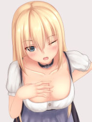Rule 34 | 1girl, bismarck (kancolle), blonde hair, blue eyes, blush, breasts, choker, cleavage, cross, german clothes, hand on own chest, iron cross, kantai collection, large breasts, long hair, looking at viewer, one eye closed, open mouth, solo, tapisuke