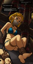 Rule 34 | 1girl, absurdres, bare shoulders, barefoot, bdsm, blonde hair, blue eyes, bondage, bound, bound ankles, bound wrists, bra, breasts, cleavage, cloth gag, collarbone, gag, gagged, hair ornament, hairclip, highres, improvised gag, kidnapped, legs, magnolia-baillon, nintendo, over the mouth gag, panties, princess zelda, sweat, the legend of zelda, the legend of zelda: tears of the kingdom, thighs, underwear