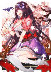Rule 34 | 1girl, bat (animal), black hair, breasts, brown hair, cherry blossoms, fangs, fate/grand order, fate (series), fox shadow puppet, gradient hair, hairband, highres, hood, large breasts, long hair, looking at viewer, low twintails, multicolored hair, open mouth, origami, osakabehime (fate), purple eyes, red ribbon, ribbon, solo, thighhighs, twintails, very long hair, white thighhighs, yakusuke