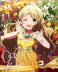 Rule 34 | 10s, 1girl, ;d, brown hair, character name, character signature, dress, handa roco, idolmaster, idolmaster million live!, jewelry, looking at viewer, necklace, official art, one eye closed, open mouth, signature, smile, yellow eyes