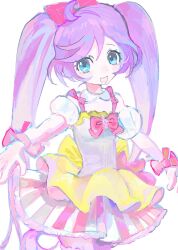 Rule 34 | 1girl, :d, ahoge, blue eyes, bow, detached collar, detached sleeves, dress, hair bow, highres, long hair, looking at viewer, manaka laala, multicolored clothes, multicolored dress, open mouth, pink bow, pretty series, pripara, puffy detached sleeves, puffy sleeves, purple hair, reneshoku purin, short dress, simple background, sleeveless, sleeveless dress, smile, solo, twintails, very long hair, white background, white sleeves, wrist bow