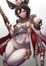 Rule 34 | 1girl, absurdres, animal ears, armor, artist name, black gloves, black hair, breast curtain, breasts, caiman pool, closed mouth, coat, covered navel, dual wielding, erune, garrison cap, gloves, granblue fantasy, gun, hair between eyes, half gloves, hand up, handgun, hat, highres, holding, holding gun, holding weapon, ilsa (granblue fantasy), large breasts, looking to the side, military, military hat, military uniform, pants, red eyes, short hair, shoulder armor, sideless outfit, simple background, solo, uniform, weapon, white coat, white pants