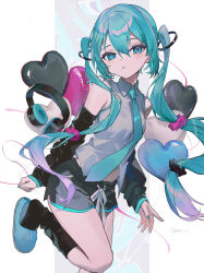 Rule 34 | 1girl, adapted costume, aqua eyes, aqua hair, aqua nails, aqua necktie, bare shoulders, collared shirt, cowboy shot, detached sleeves, dolphin shorts, gradient hair, grey shirt, hair between eyes, hatsune miku, headphones, heart, highres, kneehighs, lace, lace-trimmed shirt, lace trim, leaning forward, long hair, looking at viewer, multicolored hair, necktie, parted lips, shirt, short shorts, shorts, slippers, socks, solo, standing, standing on one leg, twintails, u tnmn, very long hair, vocaloid
