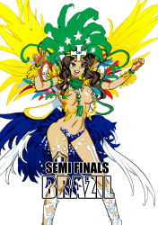 Rule 34 | 1girl, 2014 fifa world cup, absurdres, black hair, blue eyes, brazil, breasts, feathers, highres, jewelry, large breasts, long hair, navel, open mouth, personification, samba, smile, soccer, solo, world cup, yu yanshu