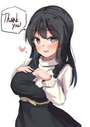 Rule 34 | 1girl, absurdres, belt, black dress, black hair, breasts, brown eyes, commentary request, dress, highres, kantai collection, looking at viewer, medium breasts, official alternate costume, oyashio (kancolle), sakura ab, simple background, smile, solo, sweater, thank you, upper body, white background, white sweater