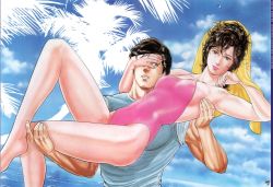 Rule 34 | 1980s (style), 1boy, 1girl, arms up, breasts, brown eyes, brown hair, city hunter, cloud, crossed legs, dutch angle, hand over eye, highres, holding, houjou tsukasa, large breasts, looking at viewer, makimura kaori, medium breasts, muscular, ocean, official art, oldschool, one-piece swimsuit, outdoors, palm tree, pink one-piece swimsuit, retro artstyle, saeba ryou, shirt, short hair, sitting, sky, sleeves rolled up, smile, spiked hair, sweatdrop, swimsuit, towel, tree, wet, wet hair