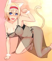 Rule 34 | 1girl, :d, alice margatroid, animal ears, babydoll, bad id, bad pixiv id, barefoot, black panties, blonde hair, blue eyes, blush, breasts, cat ears, cat girl, cat tail, collarbone, feet, female focus, hairband, hanging breasts, jajao, kemonomimi mode, large breasts, lingerie, looking at viewer, nipples, open mouth, panties, paw pose, puffy nipples, see-through, short hair, side-tie panties, smile, solo, tail, toes, touhou, underwear, underwear only