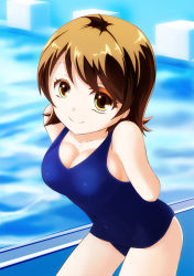 Rule 34 | 1girl, arms behind back, blue one-piece swimsuit, breasts, brown eyes, brown hair, cleavage, colored eyelashes, cowboy shot, from side, fu na, girlfriend (kari), highres, hiragi makoto, leaning forward, looking at viewer, one-piece swimsuit, pool, poolside, school swimsuit, short hair, sideboob, solo, standing, swimsuit, water, yellow eyes