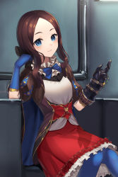 Rule 34 | 1girl, absurdres, bad id, bad pixiv id, black bow, blue eyes, blue gloves, blue pantyhose, blush, bow, breasts, brown dress, brown hair, darutanyan1023, dress, elbow gloves, fate/grand order, fate (series), forehead, gauntlets, gloves, hair bow, highres, leonardo da vinci (fate), leonardo da vinci (fate/grand order), leonardo da vinci (rider) (fate), long hair, looking at viewer, pantyhose, parted bangs, ponytail, puff and slash sleeves, puffy short sleeves, puffy sleeves, red skirt, short sleeves, single gauntlet, sitting, skirt, small breasts, smile