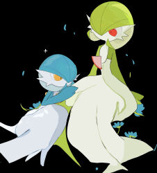 Rule 34 | 2girls, alternate color, black background, blue flower, blue hair, blue skin, bob cut, colored skin, creatures (company), female focus, flat chest, flower, full body, game freak, gardevoir, gen 3 pokemon, green hair, green skin, hair over one eye, hand up, highres, looking at another, looking down, multicolored skin, multiple girls, nintendo, no mouth, one eye covered, orange eyes, petals, pokemon, pokemon (creature), red eyes, shiny and normal, shiny pokemon, short hair, simple background, sitting, two-tone skin, white skin, zen (koko)