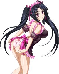 Rule 34 | 10s, 1girl, ass, backless dress, backless outfit, black dress, black hair, breasts, covered erect nipples, dress, floating hair, hair ribbon, hairband, headdress, high school dxd, highres, large breasts, leaning forward, long hair, looking at viewer, looking back, panties, pink hairband, pink panties, purple ribbon, red eyes, ribbon, serafall leviathan, shiny skin, smile, solo, transparent background, twintails, underwear, very long hair