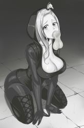 Rule 34 | absurdres, bodysuit, breasts, deepthroat, enenra, fairy tail, fellatio, full body, highres, large breasts, mirajane strauss, monochrome, oral, squatting, tagme