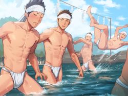 Rule 34 | 5boys, bandana, blue sky, blush, brown eyes, brown hair, cloud, cloudy sky, dive, fundoshi, hachimaki, headband, highres, japanese clothes, jumping, male focus, male underwear, multiple boys, muscular, muscular male, ocean, open mouth, original, pectorals, people, playing, sand, shaved head, shide, sky, smile, sparkle, spiked hair, splashing, tettabuzz, thick eyebrows, tree, underwear, wading, white bandana, white male underwear