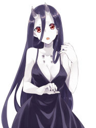 Rule 34 | 10s, 1girl, :o, abyssal ship, battleship princess, black dress, breasts, cleavage, colored skin, dress, hair between eyes, horns, kantai collection, long hair, maruki (punchiki), nail polish, purple hair, red eyes, simple background, solo, upper body, very long hair, white background, white skin