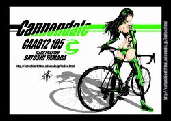 Rule 34 | 1girl, artist name, ass, back, bicycle, bikini, black hair, breasts, butt crack, elbow gloves, fingerless gloves, gloves, green eyes, green gloves, hairband, long hair, looking at viewer, original, silhouette, solo, swimsuit, thighhighs, watermark, web address, yamada satoshi